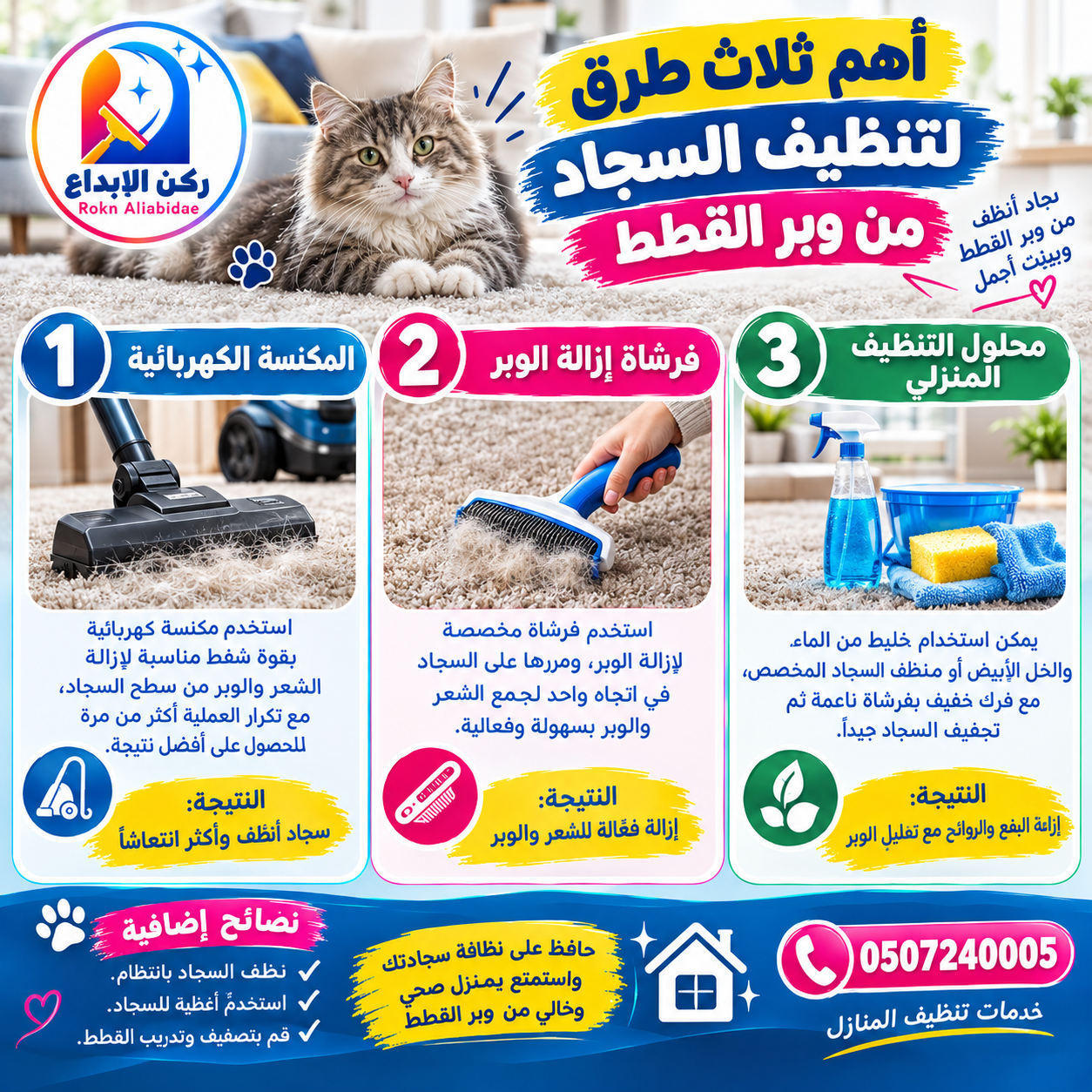 اهم ثلاث طرق لتنظيف السجاد من وبر القطط